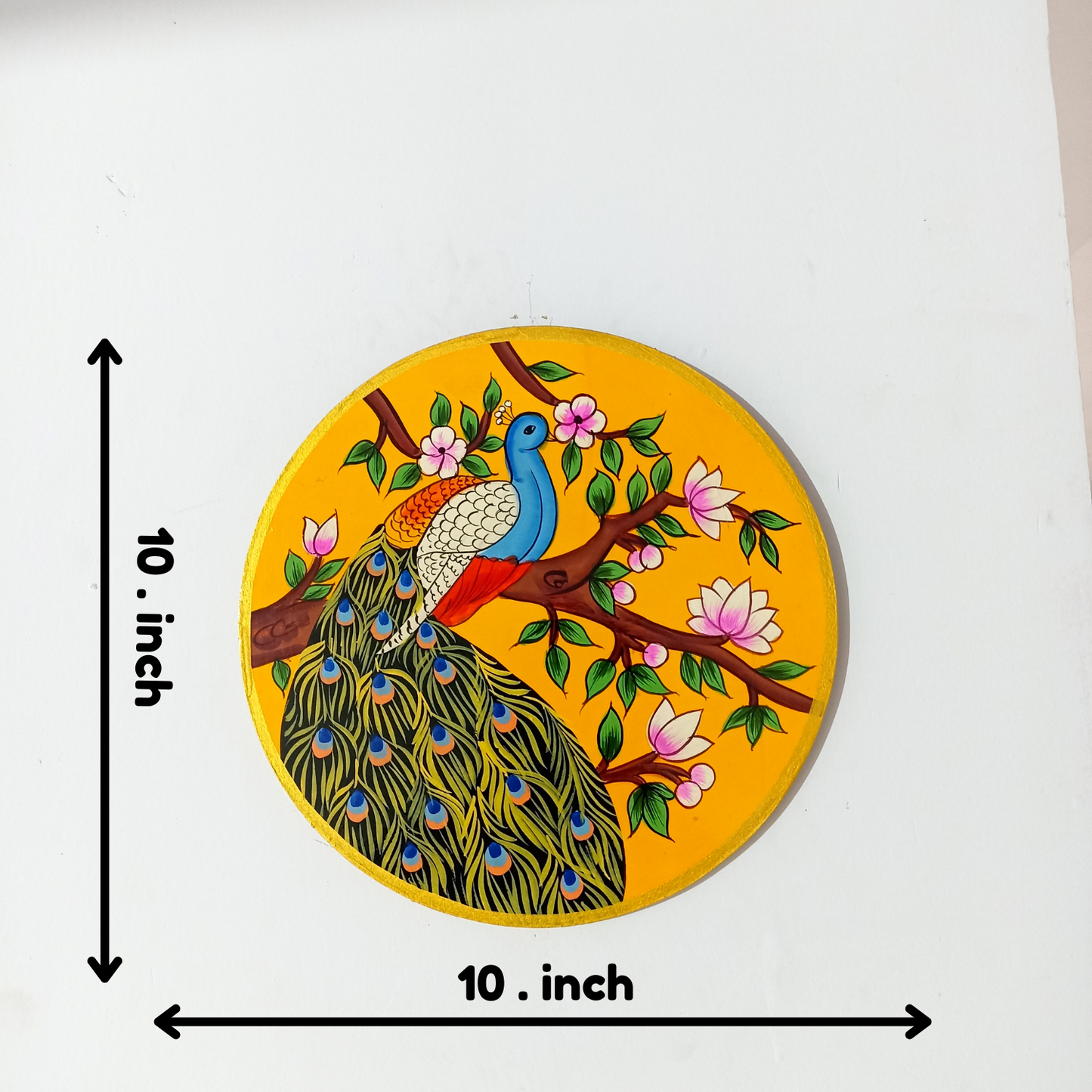 Hand-Painted Wooden Wall Plate – Majestic Peacock on Floral Branch (10 Inch)