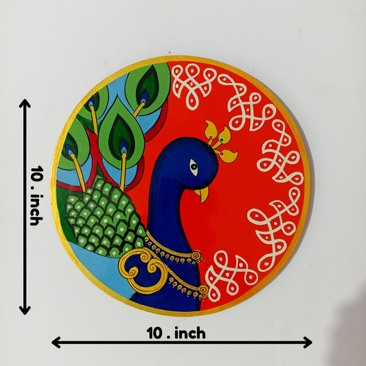 Hand-Painted Wooden Wall Plate – Royal Peacock on Red Background (10 Inch)