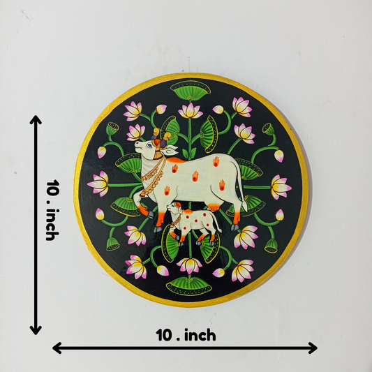 Hand-Painted Wooden Wall Plate – Kamdhenu Cow & Calf Design (10 Inch)