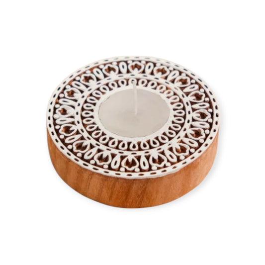 Round Wooden Handblock Tealight Candle Holders set of 2