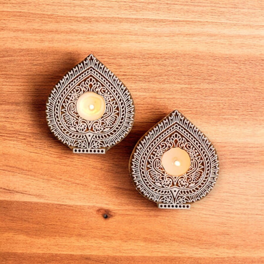 Wooden Handblock Tealight Candle Holder (Set of 2)