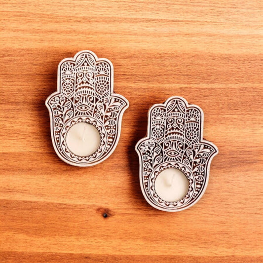 Wooden Hamsa Hand Tealight Candle Holders set of 2