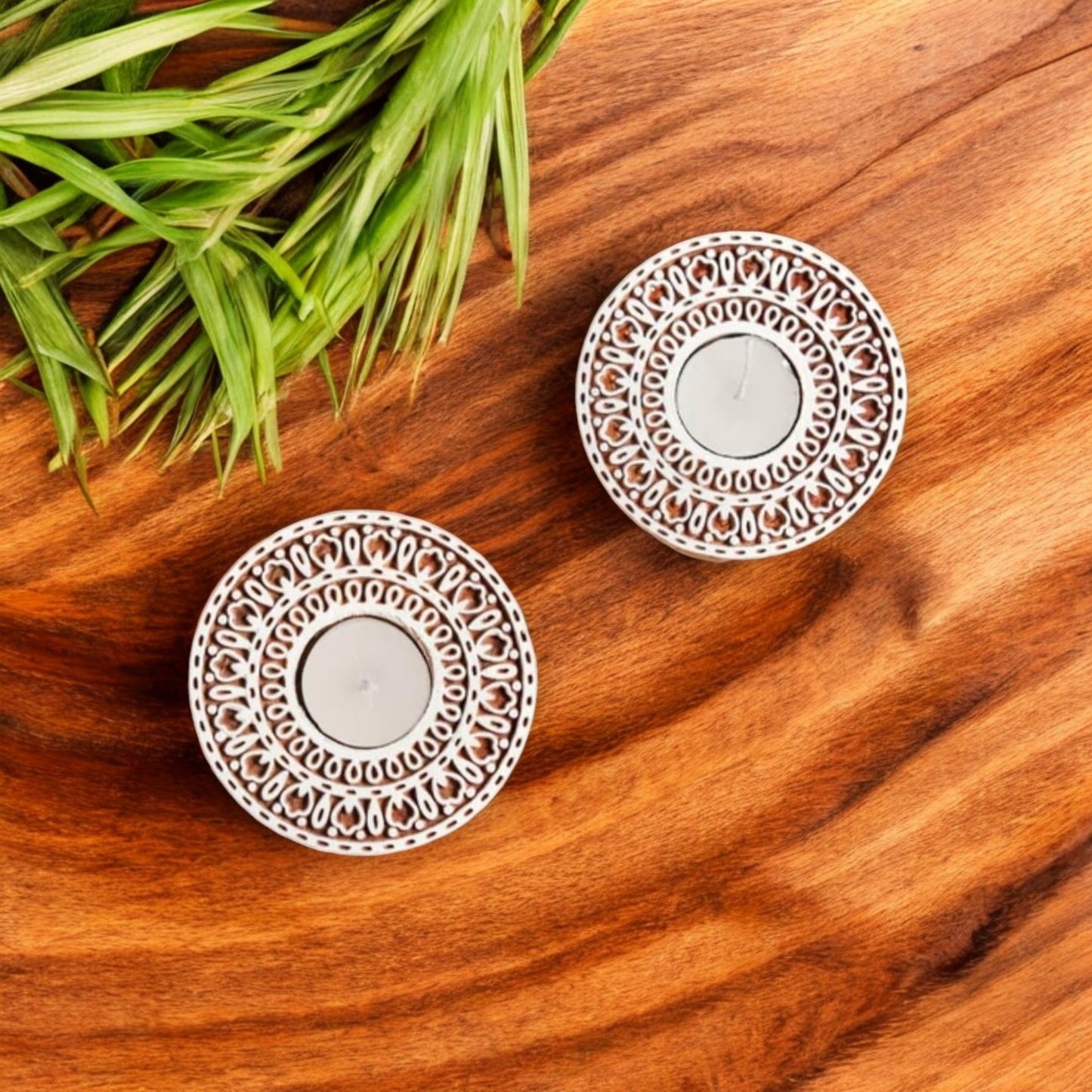 Round Wooden Handblock Tealight Candle Holders set of 2