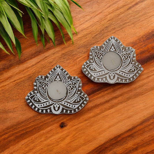 Wooden Lotus-Shaped Hand-Carved Tealight Candle Holders set of 2