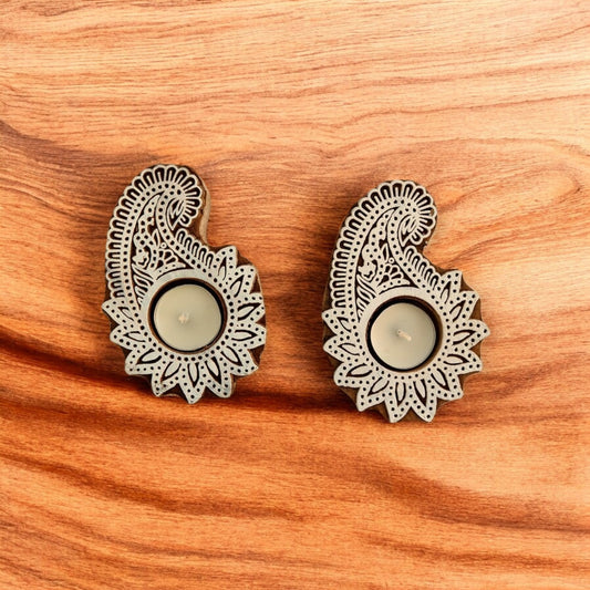 Wooden Paisley-Shaped Hand-Carved Tealight Candle Holders set of 2