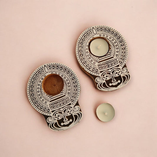 Wooden Kathakali Tealight Candle Holders set of 2