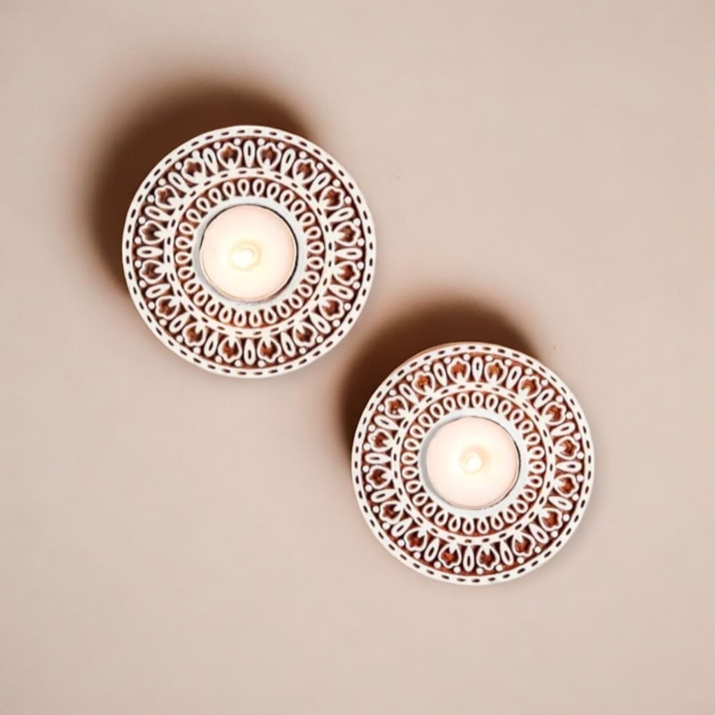 Round Wooden Handblock Tealight Candle Holders set of 2