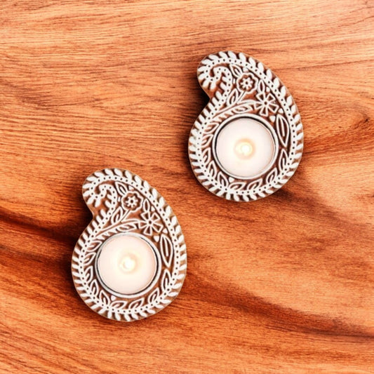 Paisley Design Wooden Handblock Tealight Candle Holder (Set of 2)