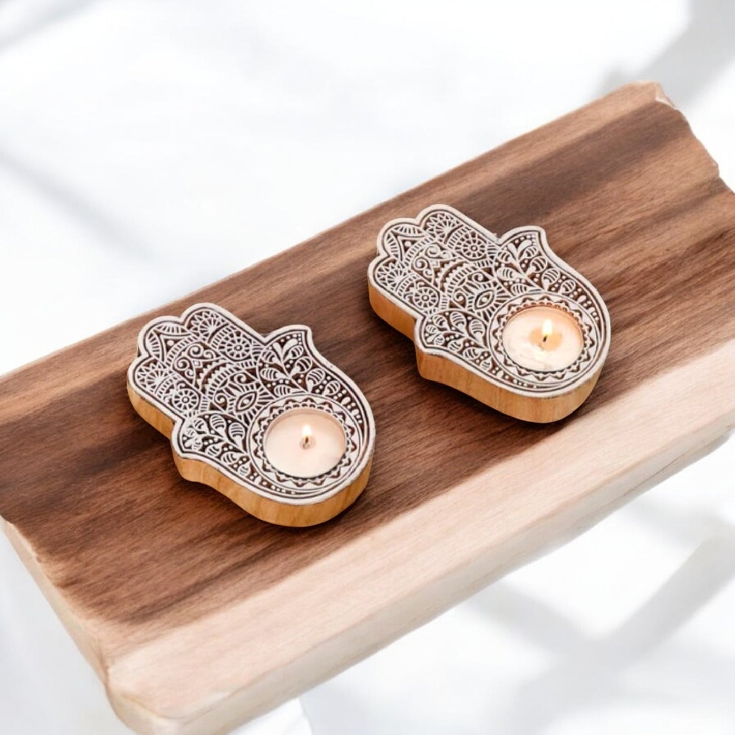 Wooden Hamsa Hand Tealight Candle Holders set of 2
