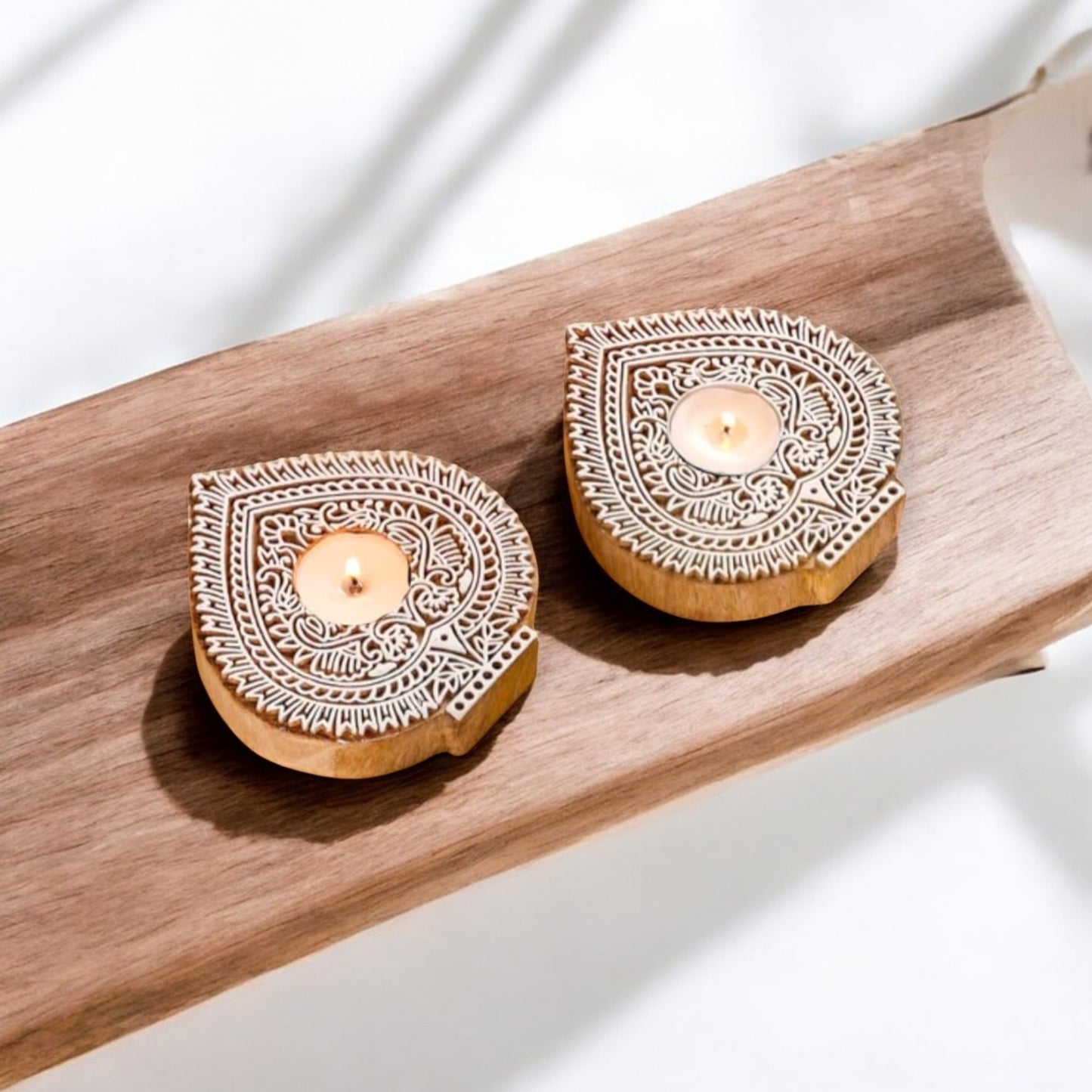 Wooden Handblock Tealight Candle Holder (Set of 2)