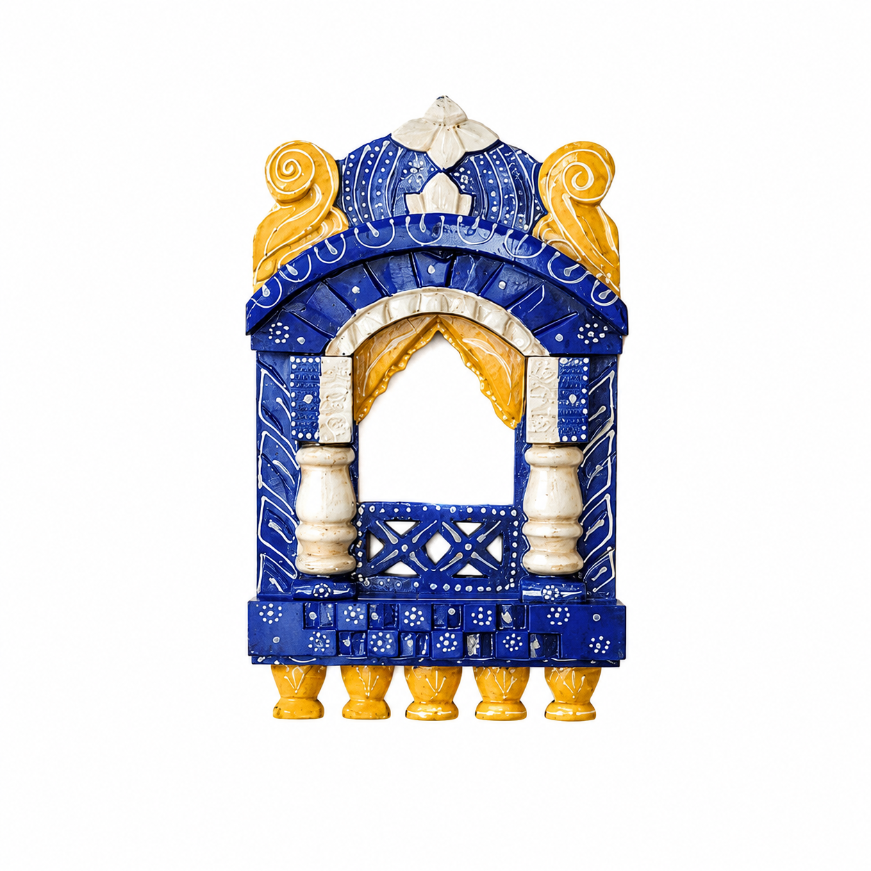 Handcrafted Wooden Jharokha Wall Hanging – Blue & Yellow