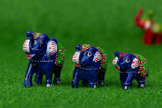 Set of 3 Blue Handcrafted Fiber Elephant Figurines | Decorative Rajasthani Showpiece for Home & Office Décor"