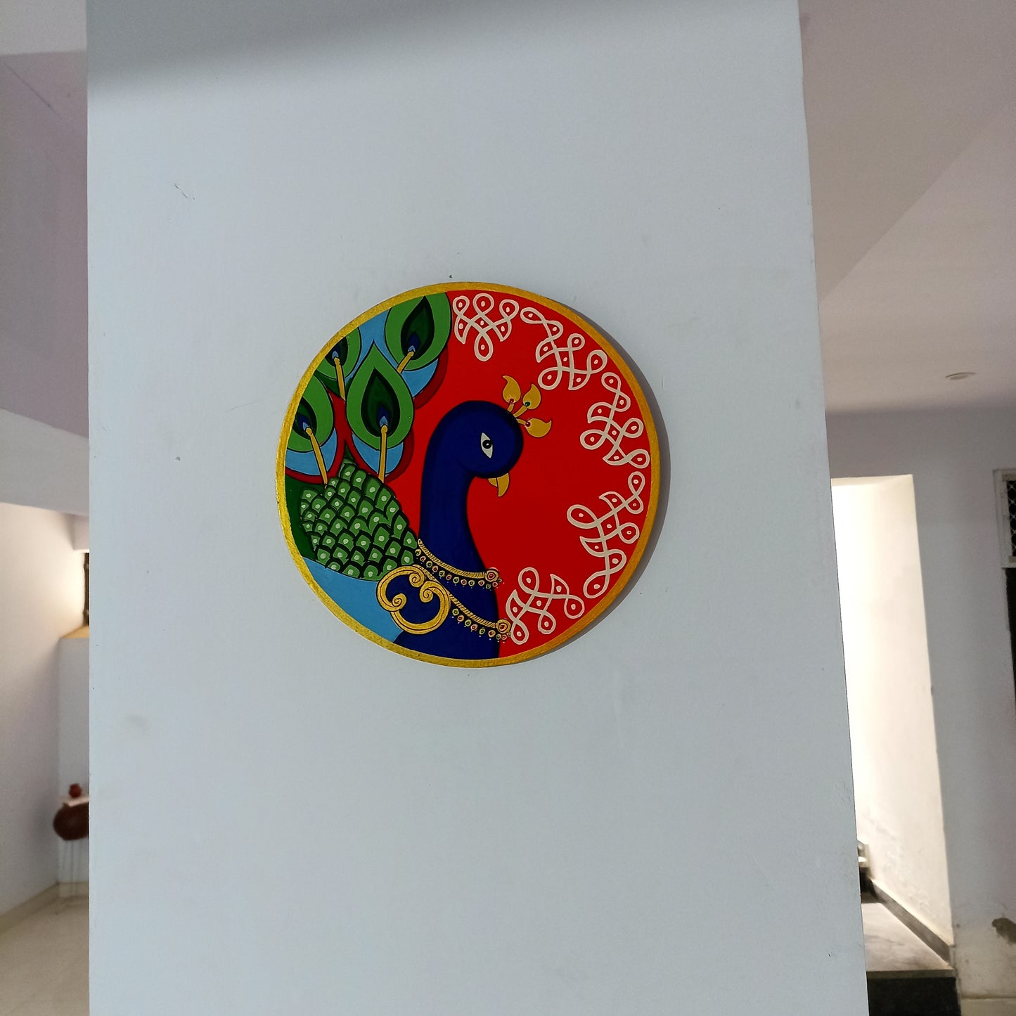 Hand-Painted Wooden Wall Plate – Royal Peacock on Red Background (10 Inch)