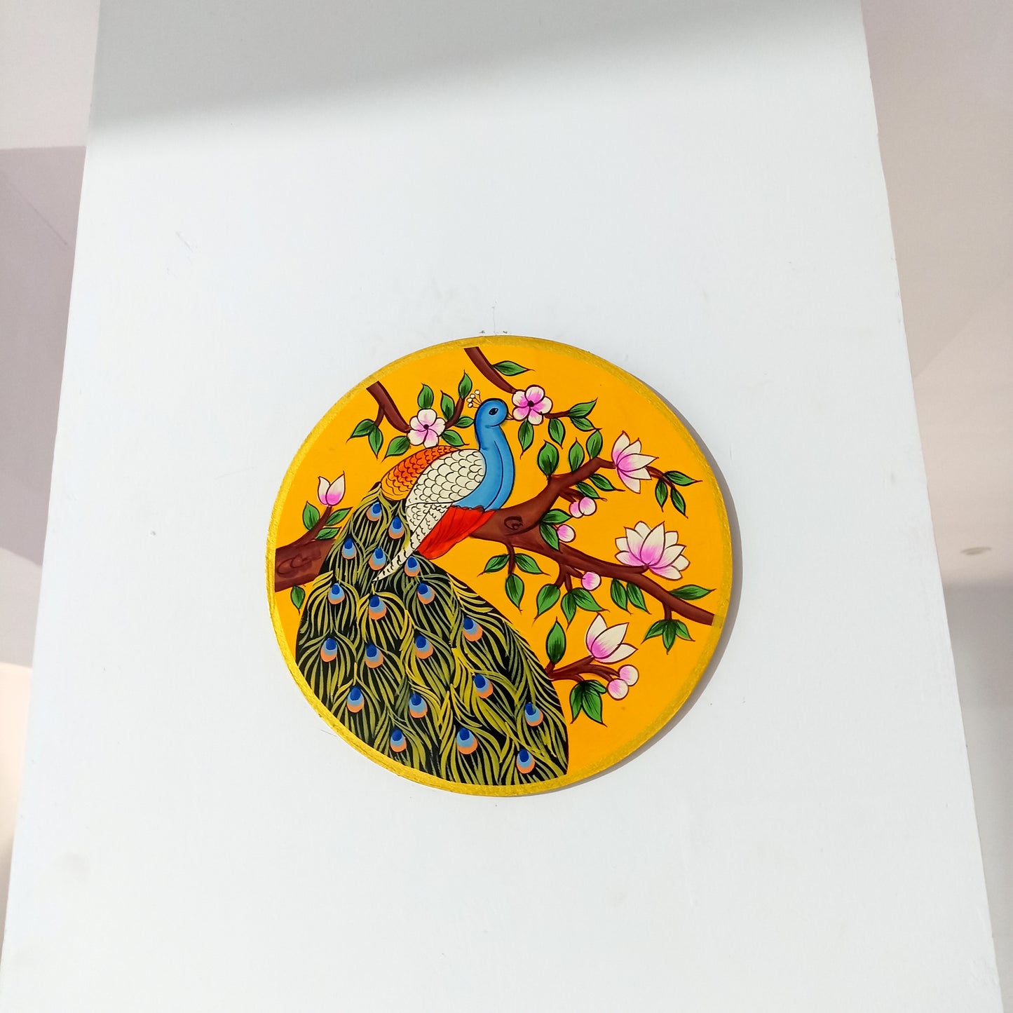 Hand-Painted Wooden Wall Plate – Majestic Peacock on Floral Branch (10 Inch)