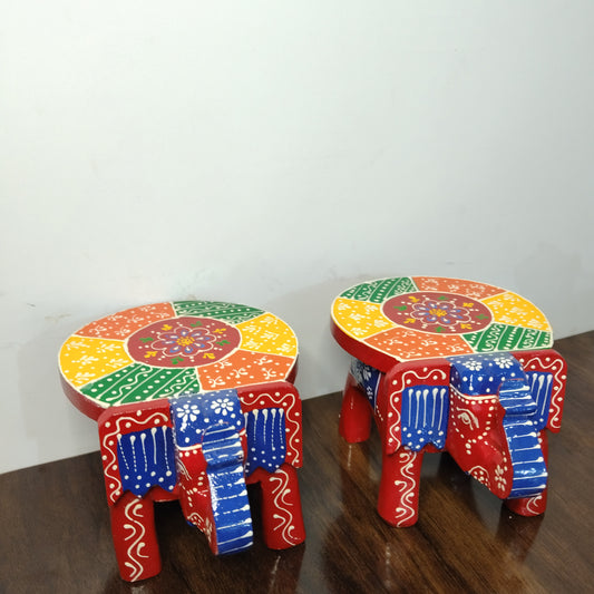 Wooden Hand-Painted Elephant Stool (Set of 2) 4-Inch