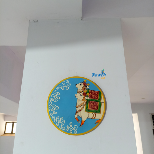 Hand-Painted Wooden Wall Plate – Kamdhenu Cow with Lotus Motif (10 Inch)