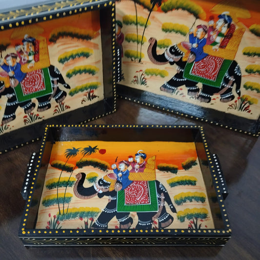 Hand-Painted Rajasthani Wooden Tray Set – Elephant Procession Design (Set of 3)