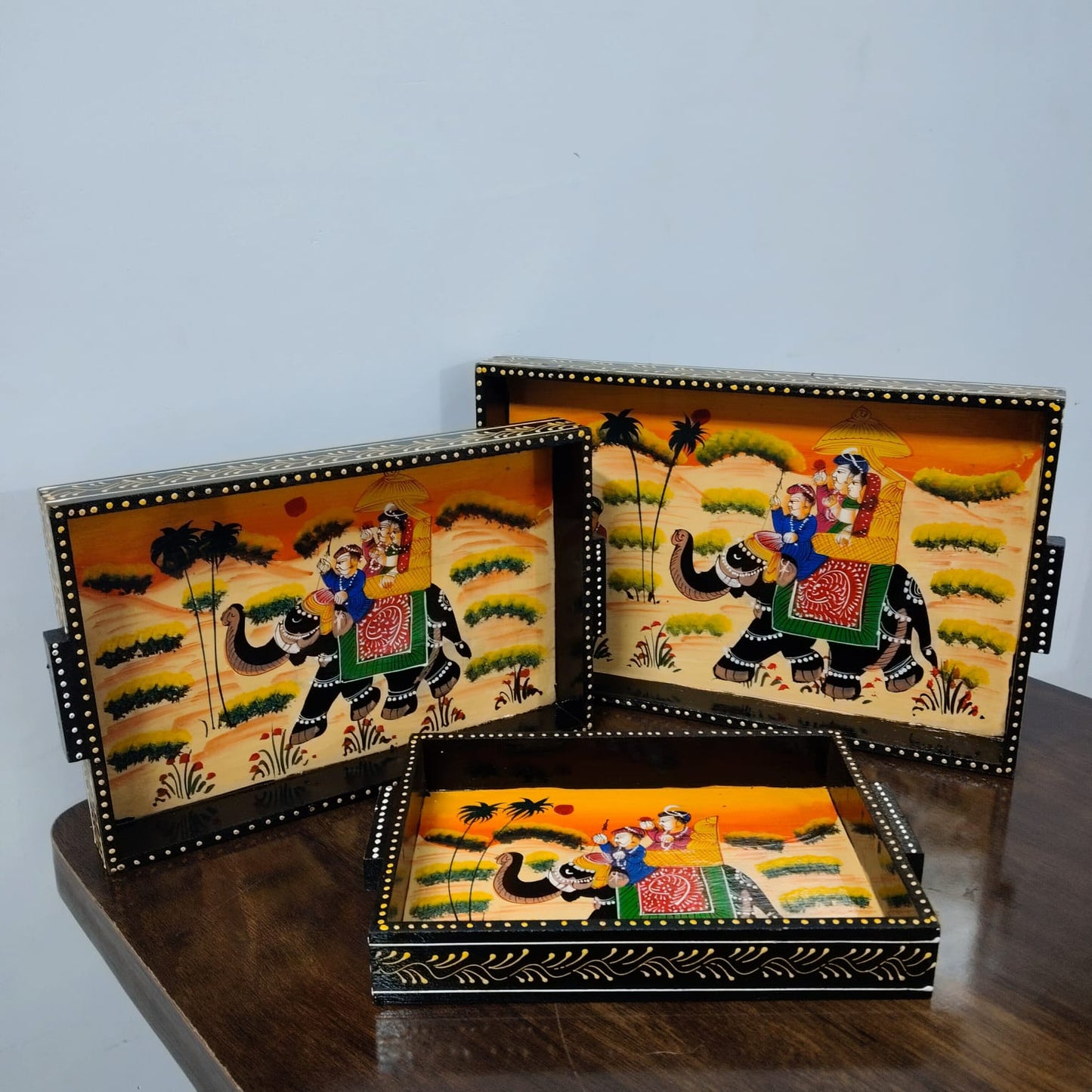 Hand-Painted Rajasthani Wooden Tray Set – Elephant Procession Design (Set of 3)