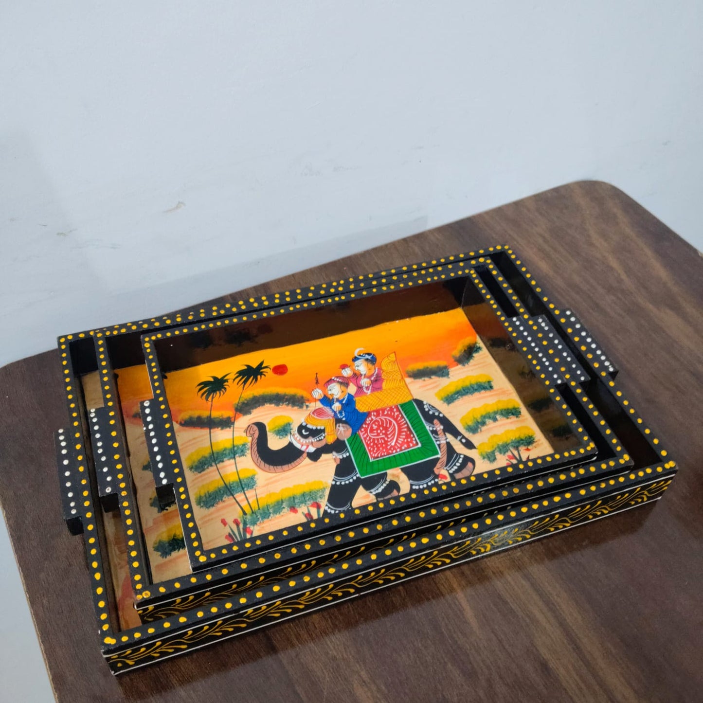 Hand-Painted Rajasthani Wooden Tray Set – Elephant Procession Design (Set of 3)