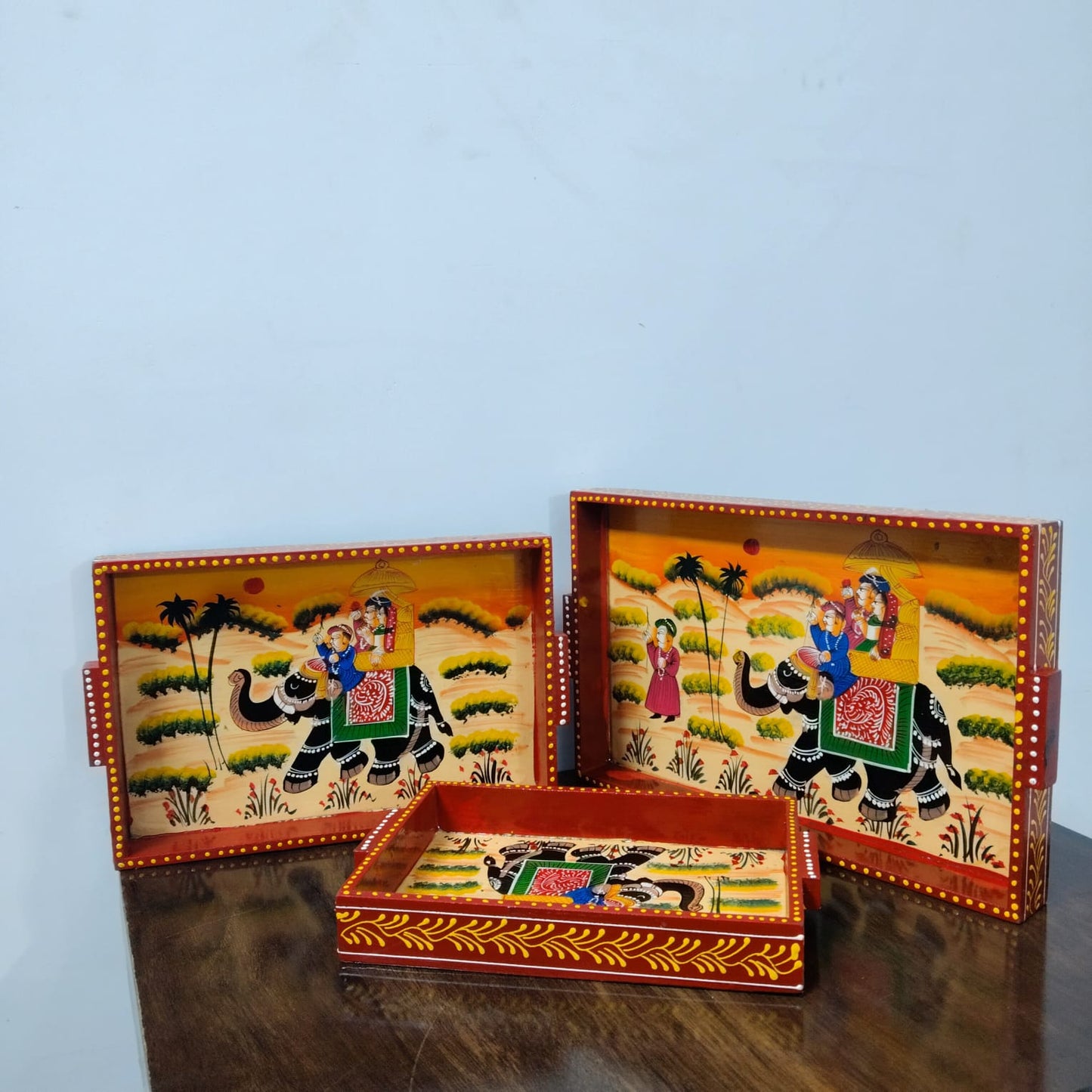 Hand-Painted Rajasthani Wooden Tray Set – Elephant Procession Design (Set of 3)