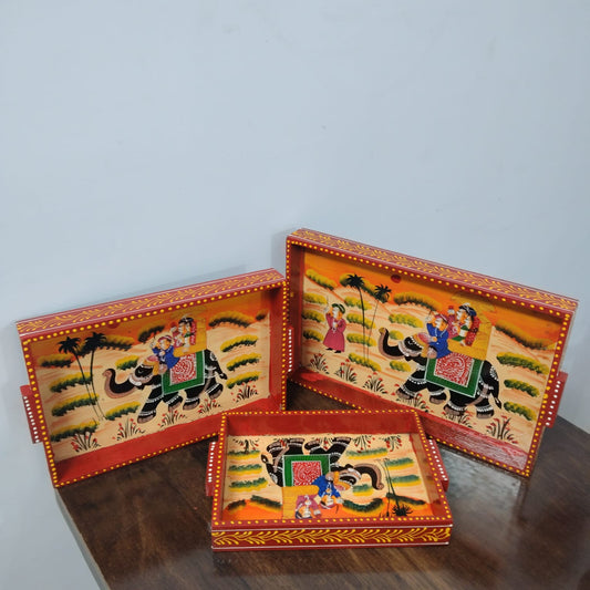 Hand-Painted Rajasthani Wooden Tray Set – Elephant Procession Design (Set of 3)