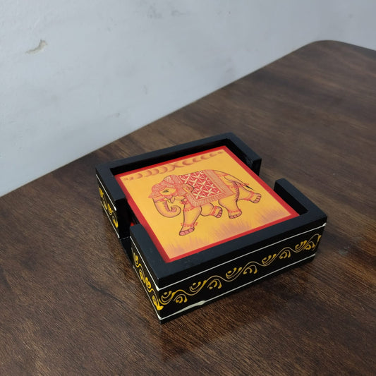 Handcrafted Wooden Coaster Set – Traditional Rajasthani Elephant Art (Set of 6 with Holder)