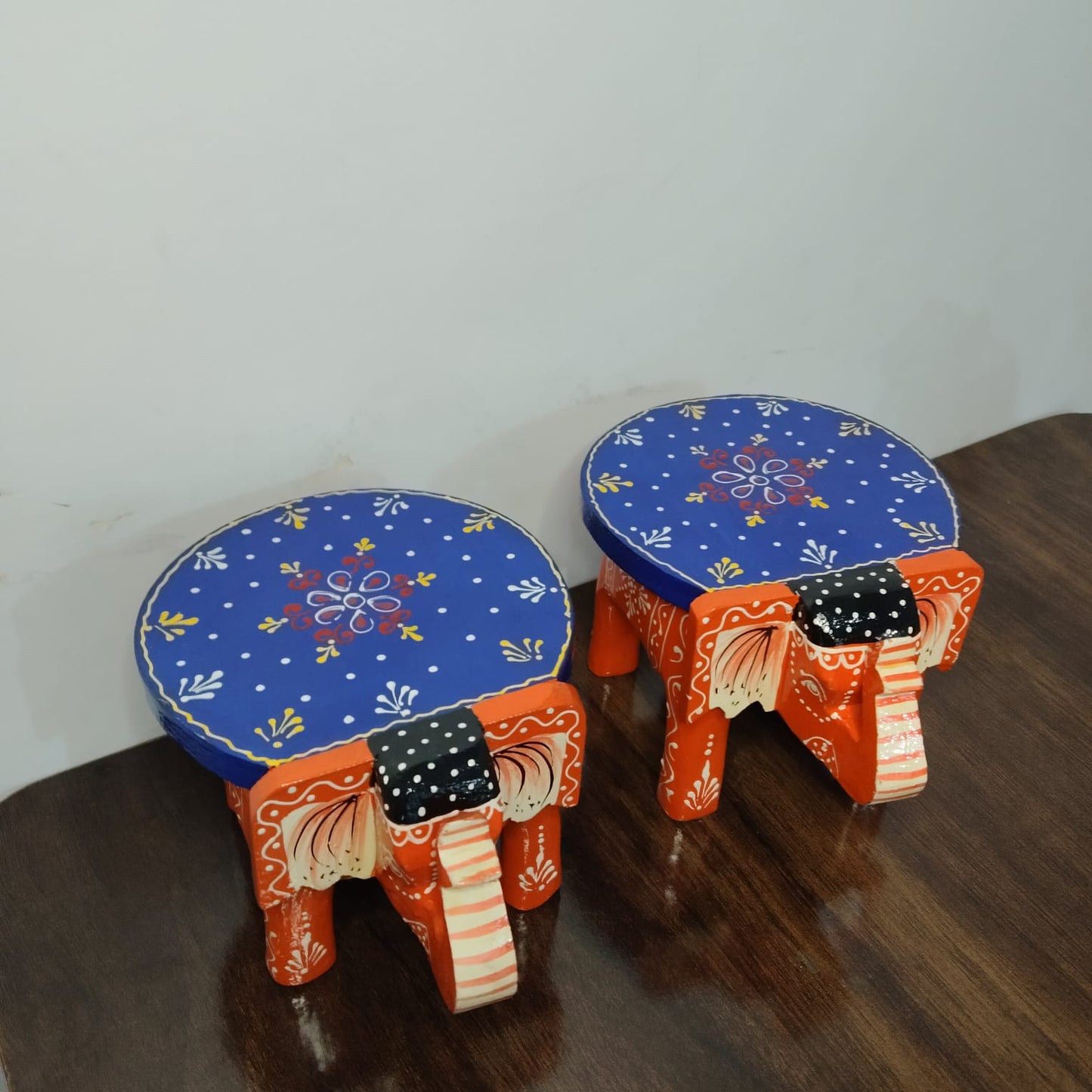 Hand-Painted Wooden Elephant Stool (Set of 2)