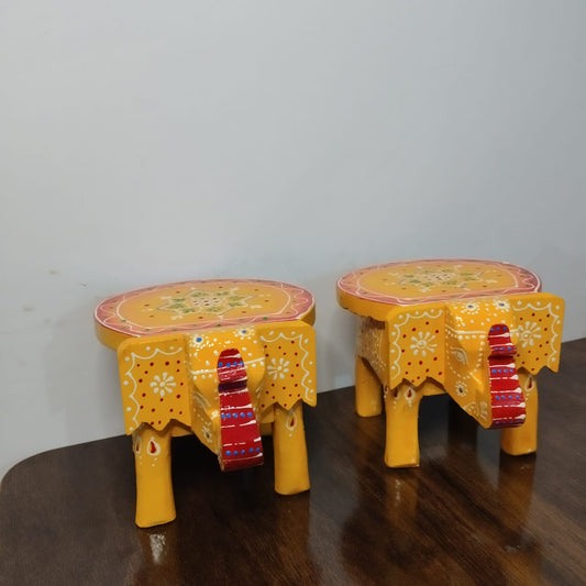 Hand-Painted Wooden Elephant Stool – Yellow (Set of 2)