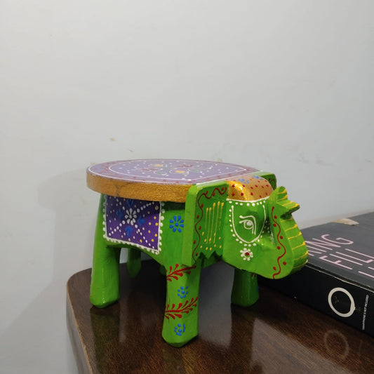 Hand-Painted Wooden Elephant Stool – Green & Purple (Set of 2)