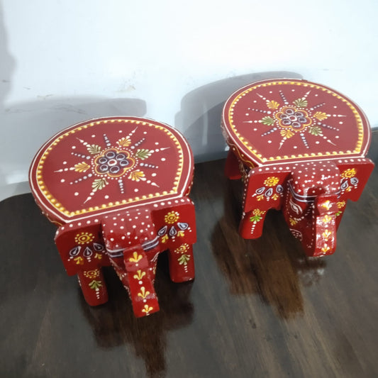 Hand-Painted Wooden Elephant Stool – Red Floral Design (Set of 2)
