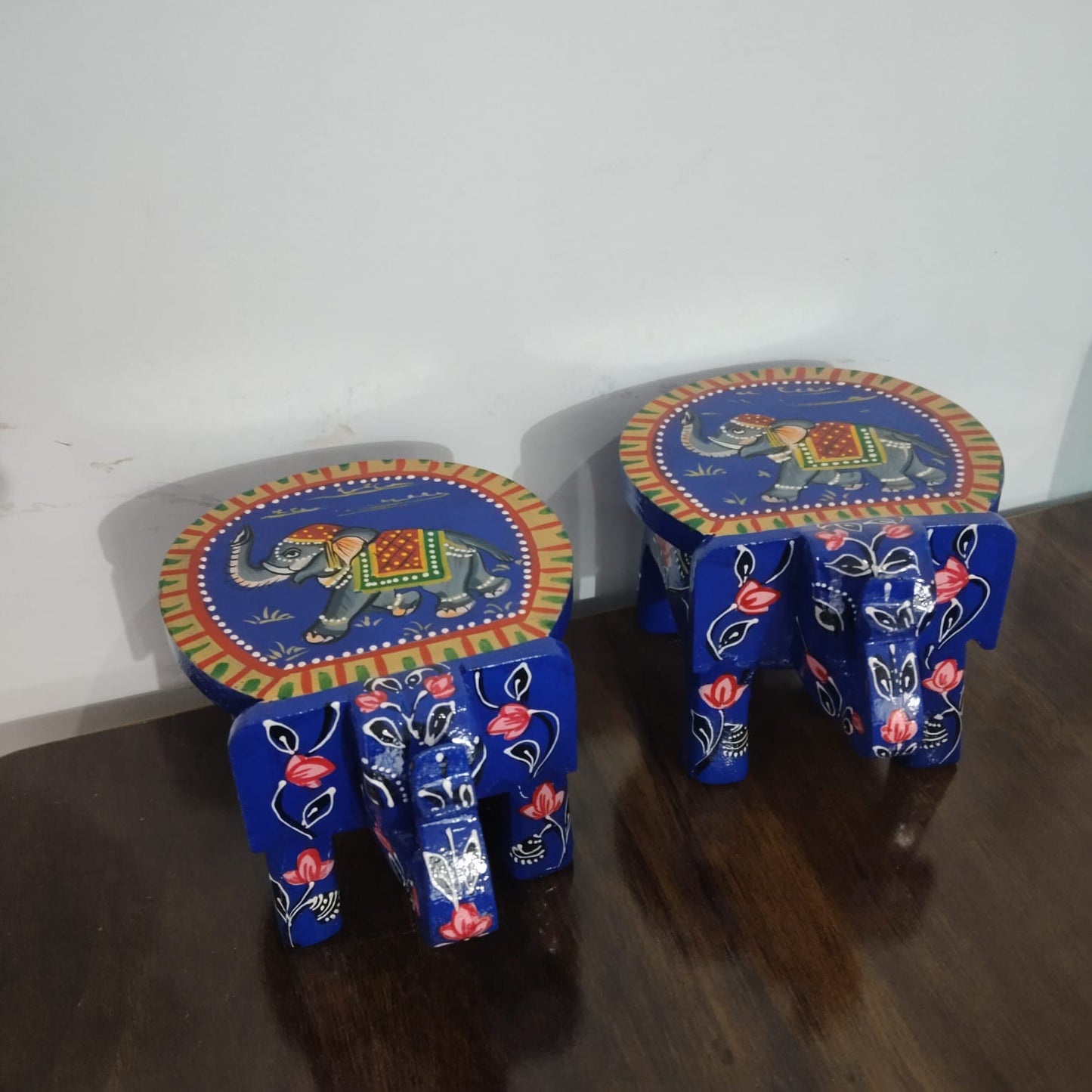 Hand-Painted Wooden Elephant Stool – Royal Blue Elephant Design (Set of 2)