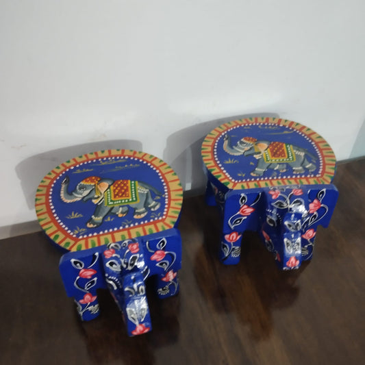 Hand-Painted Wooden Elephant Stool – Royal Blue Elephant Design (Set of 2)