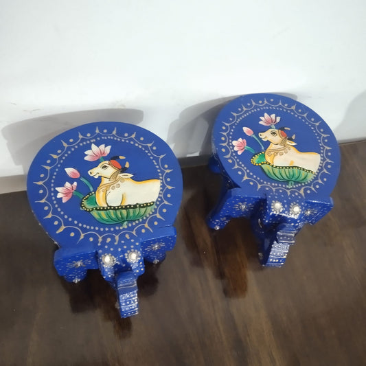Hand-Painted Wooden Elephant Stool – Blue Nandi Cow Design (Set of 2)