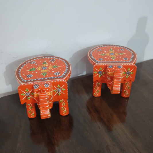 Hand-Painted Wooden Elephant Stool – Orange (Set of 2)