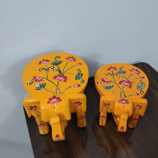 Hand-Painted Wooden Elephant Stool – Yellow Floral Design Set of 2