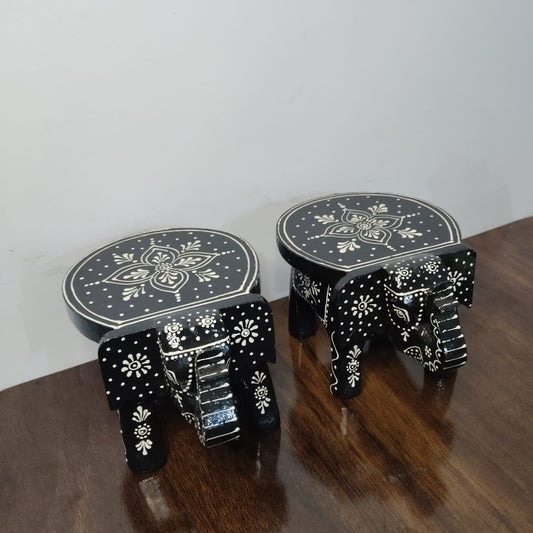 Hand-Painted Wooden Elephant Stool – Black & White Floral Design (Set of 2)