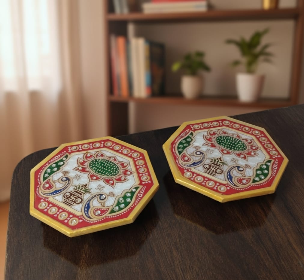 Handcrafted Marble Chowki Set of 2 – Traditional Meenakari Design