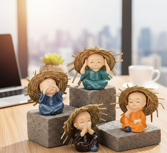 Set of 4 Cute Little Monk Figurines with Straw Hats | Resin Decorative Statues for Home, Office, Garden & Meditation Space | Peaceful Buddha Monk Showpiece (Multicolor)"