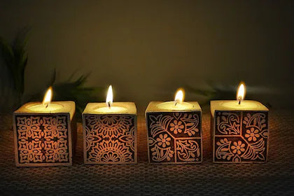 Set of 4 Wooden Hand-Carved Block Print Tealight Candle Holders