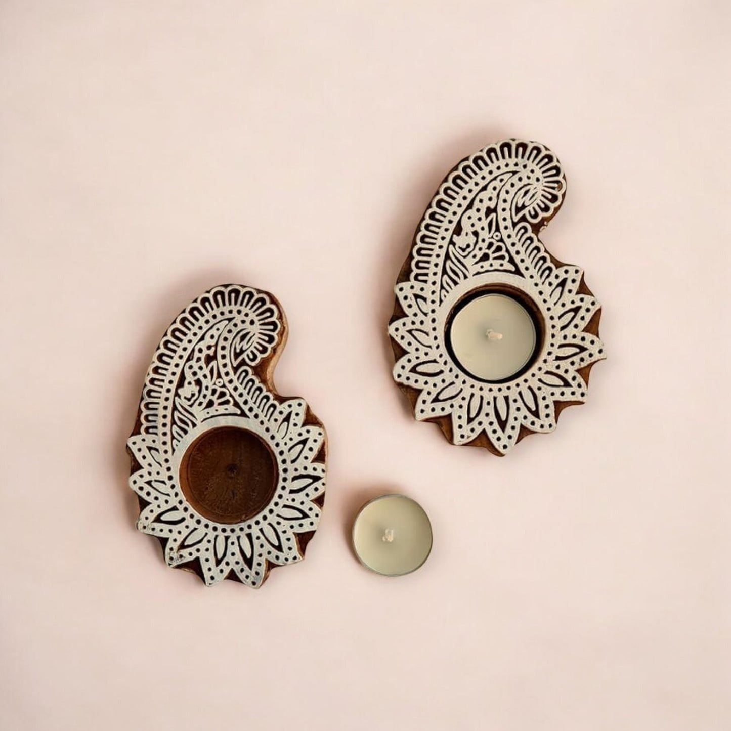 Wooden Paisley-Shaped Hand-Carved Tealight Candle Holders set of 2