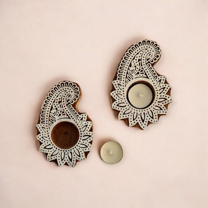 Wooden Paisley-Shaped Hand-Carved Tealight Candle Holders set of 2
