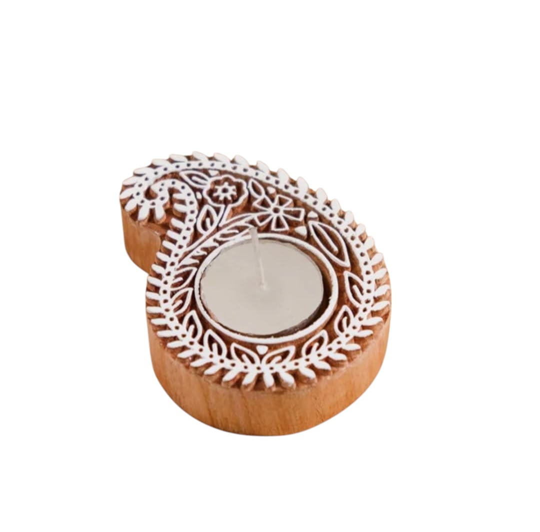 Paisley Design Wooden Handblock Tealight Candle Holder (Set of 2)
