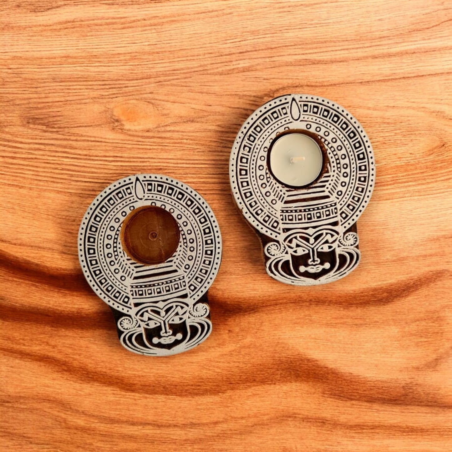 Wooden Kathakali Tealight Candle Holders set of 2