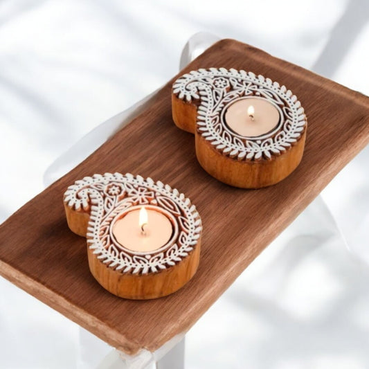 Paisley Design Wooden Handblock Tealight Candle Holder (Set of 2)