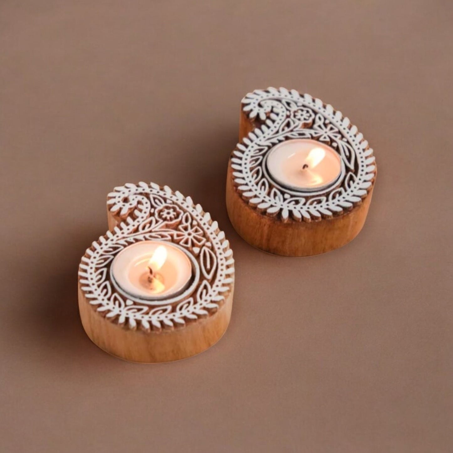 Paisley Design Wooden Handblock Tealight Candle Holder (Set of 2)