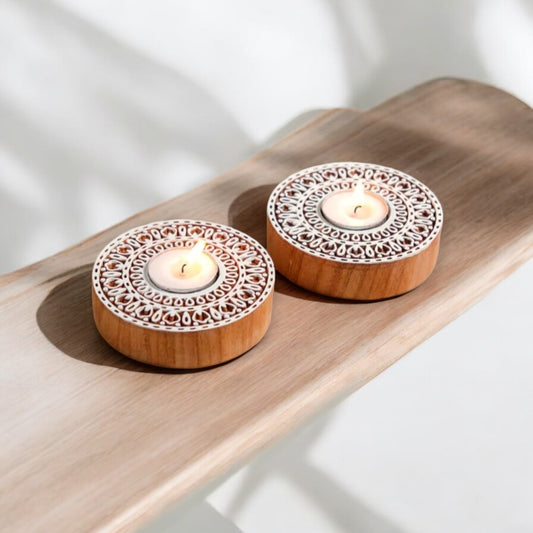 Round Wooden Handblock Tealight Candle Holders set of 2