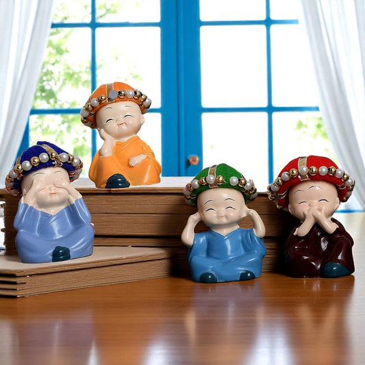 Baby Colorful Hat Monk Buddha Idols – Set of 4 (Multicolored)