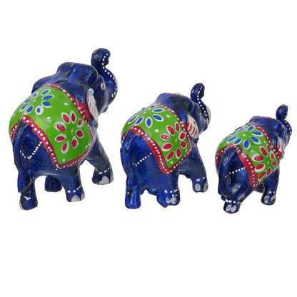 Set of 3 Blue Handcrafted Fiber Elephant Figurines | Decorative Rajasthani Showpiece for Home & Office Décor"