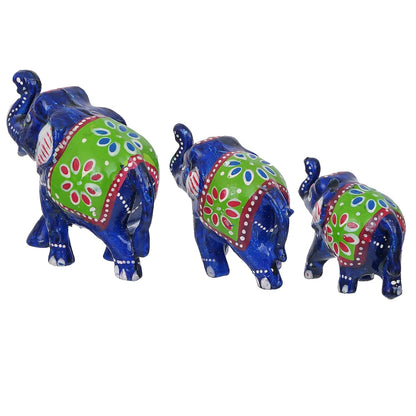 Set of 3 Blue Handcrafted Fiber Elephant Figurines | Decorative Rajasthani Showpiece for Home & Office Décor"