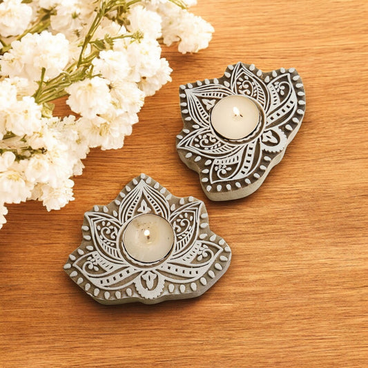 Wooden Lotus-Shaped Hand-Carved Tealight Candle Holders set of 2